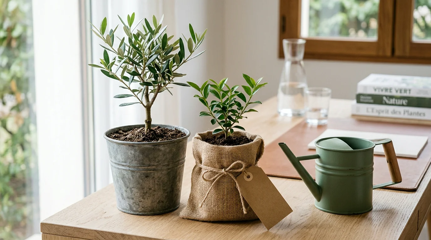 Jeune plant d'olivier en pot zinc sur un bureau professionnel