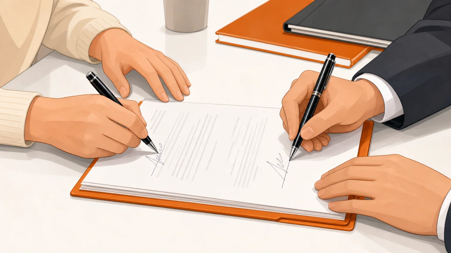 Gros plan illustré de mains anonymes signant un document juridique sur un bureau.