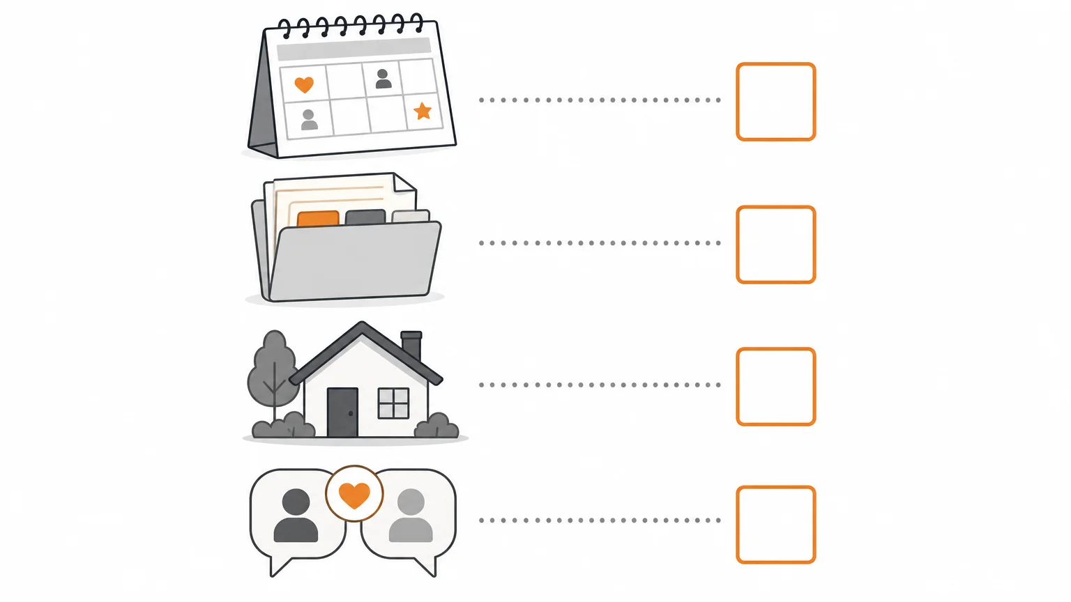 Infographie illustrée sans texte montrant un calendrier, un dossier, une maison et un symbole de dialogue.