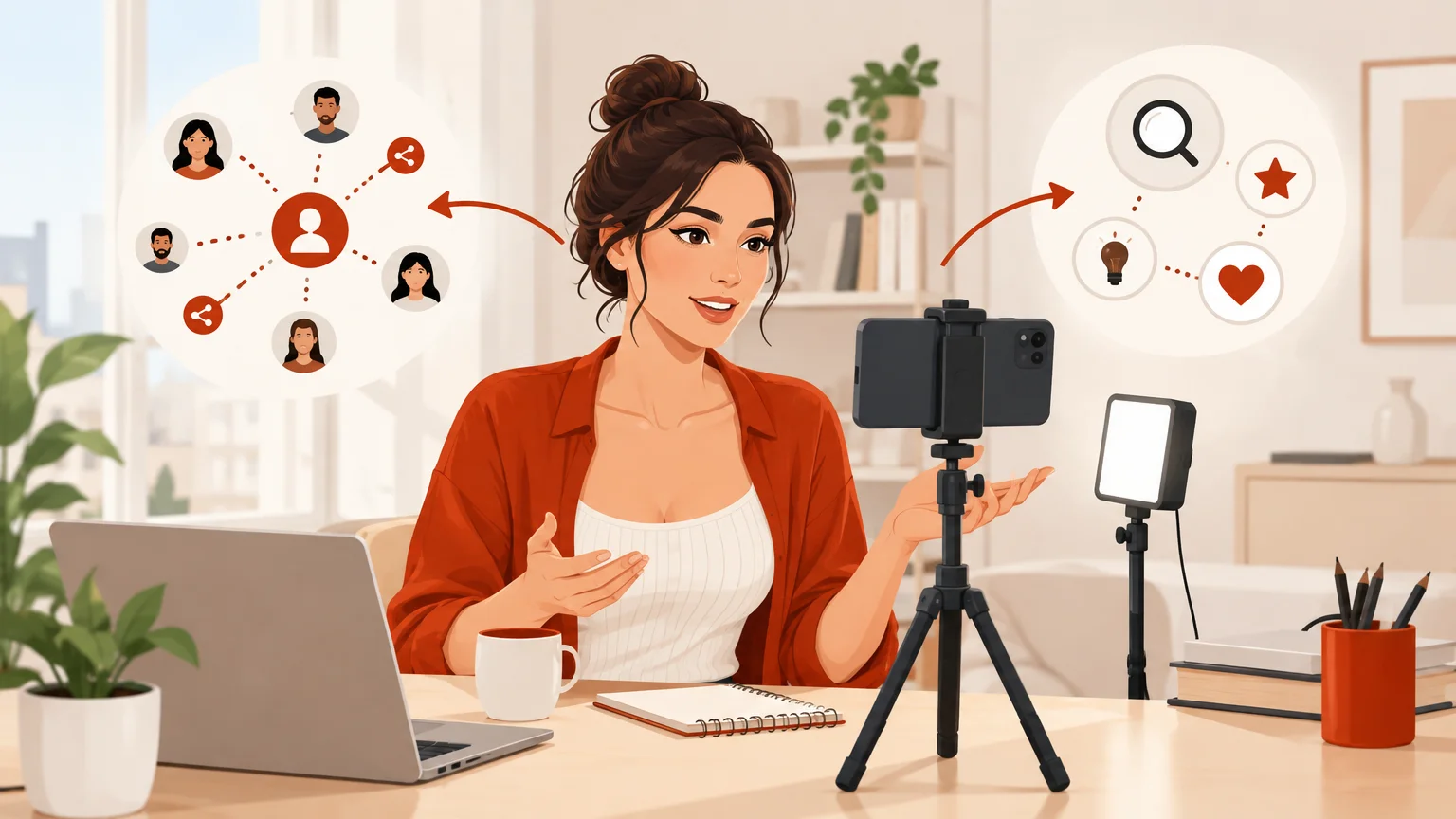 Illustration d’une créatrice qui développe sa visibilité par la promotion externe et la découverte intégrée