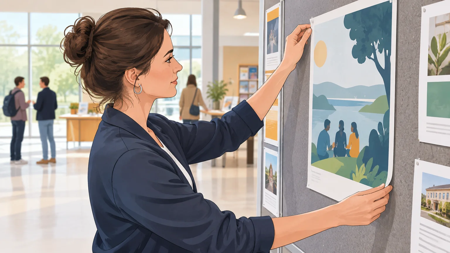 Professionnelle posant une affiche sur un panneau intérieur
