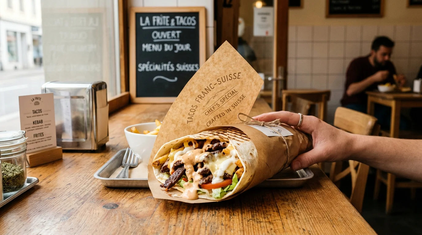 Un tacos halal fraîchement préparé sur un comptoir en bois