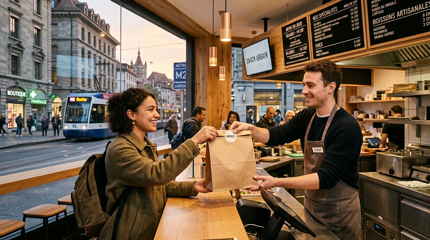Client récupérant une commande à emporter dans un snack
