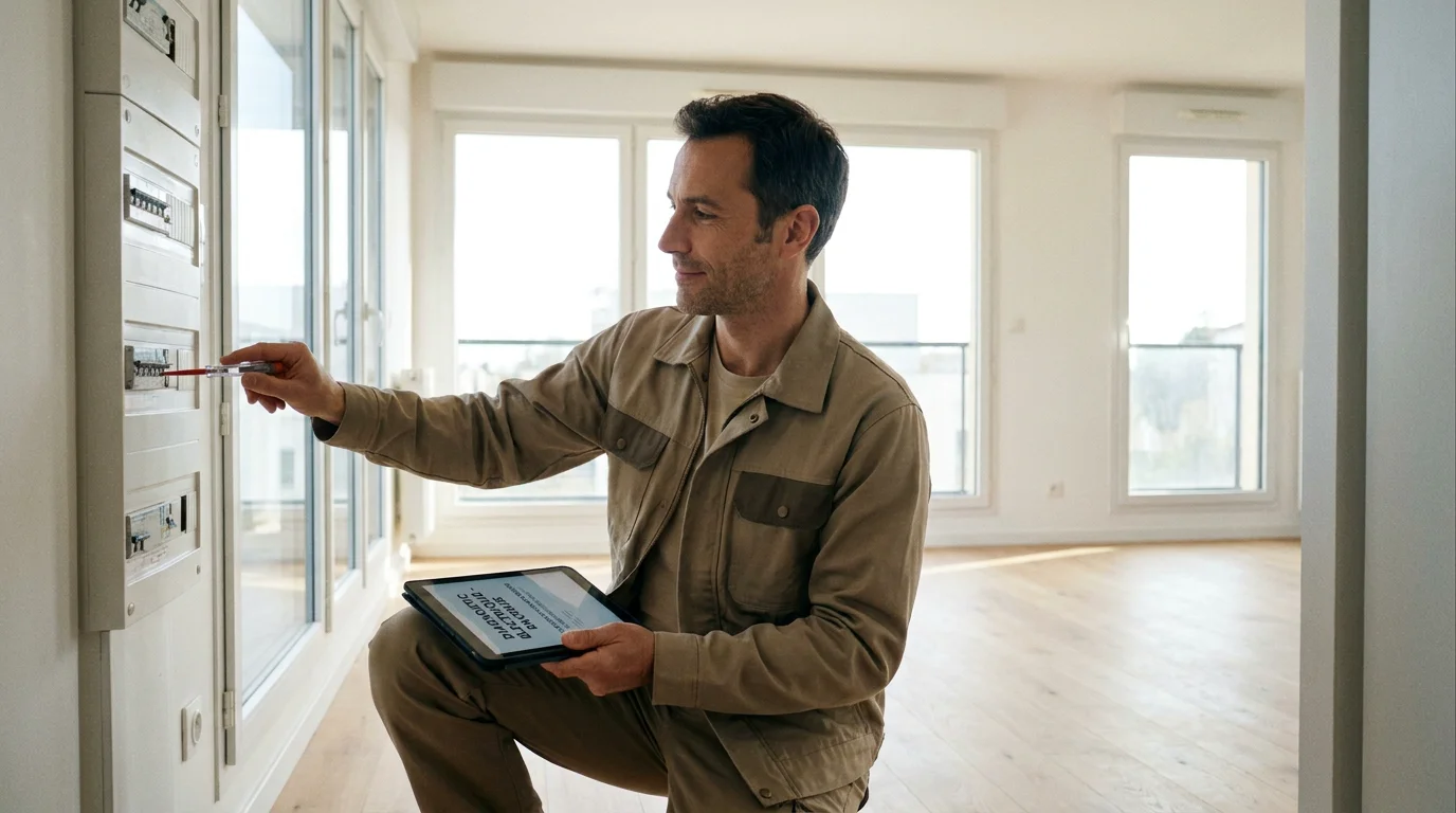 Diagnostiqueur immobilier certifié inspectant un logement avec une tablette numérique