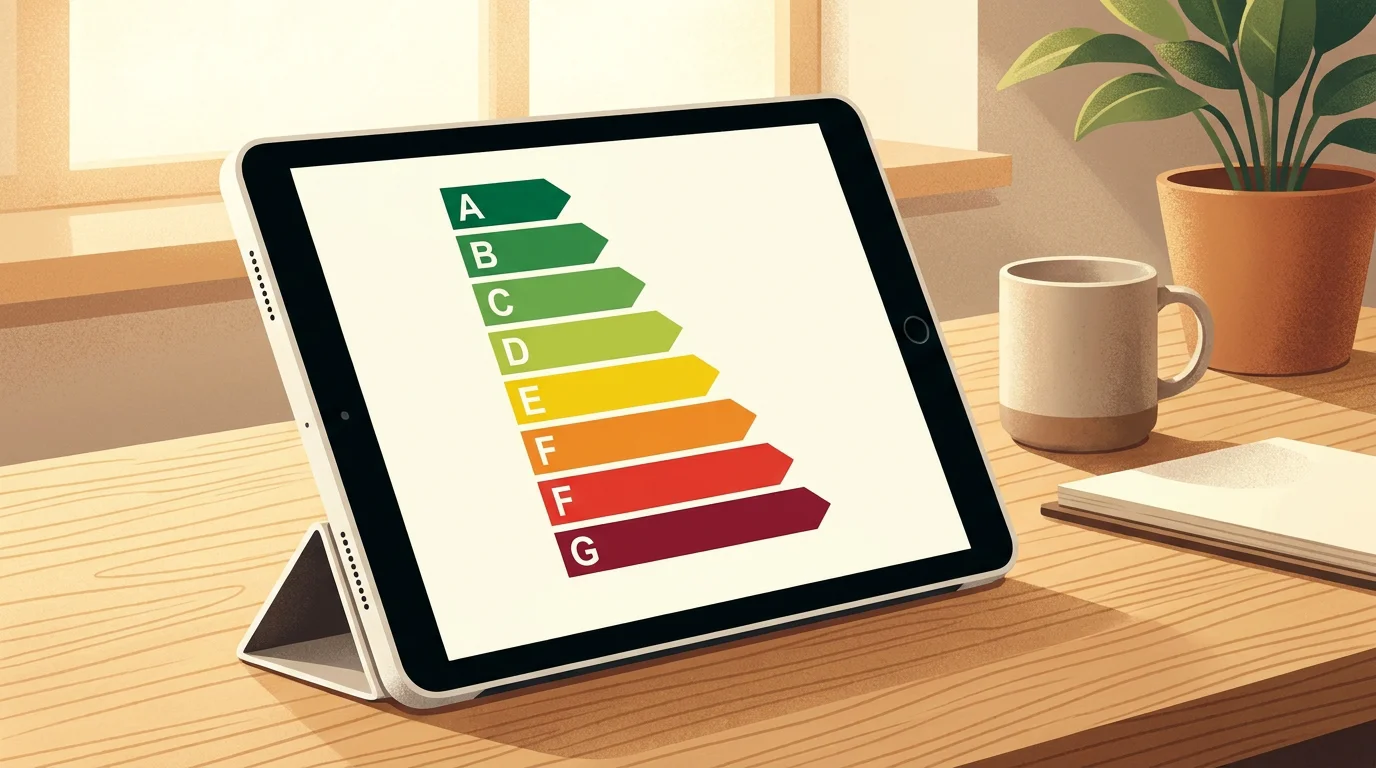 Étiquette DPE de A à G affichée sur une tablette numérique