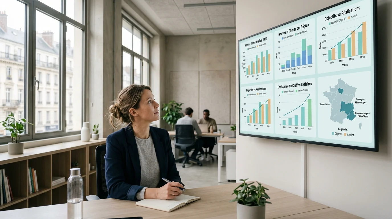 Responsable commercial analysant un tableau de bord de reporting sur un grand écran