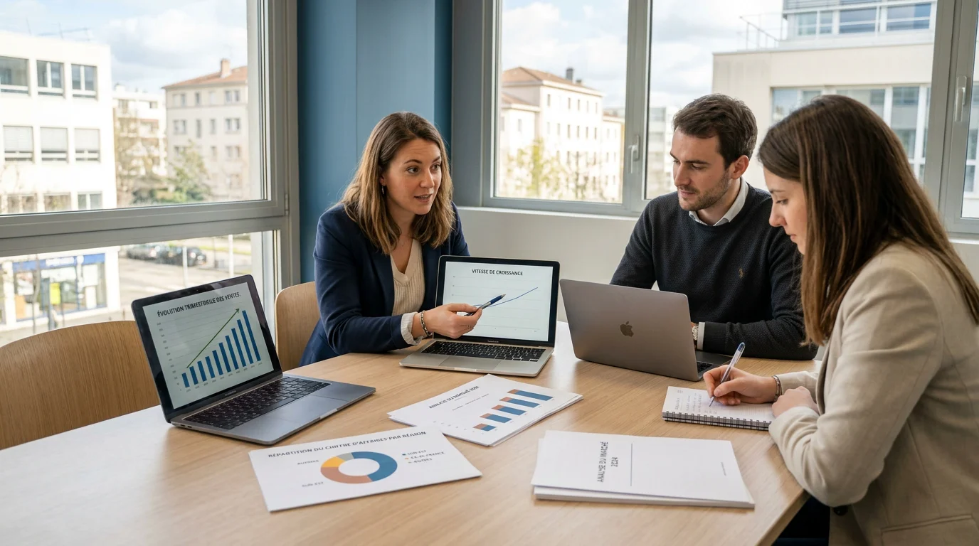 Équipe de conseil discutant autour de graphiques de performance commerciale