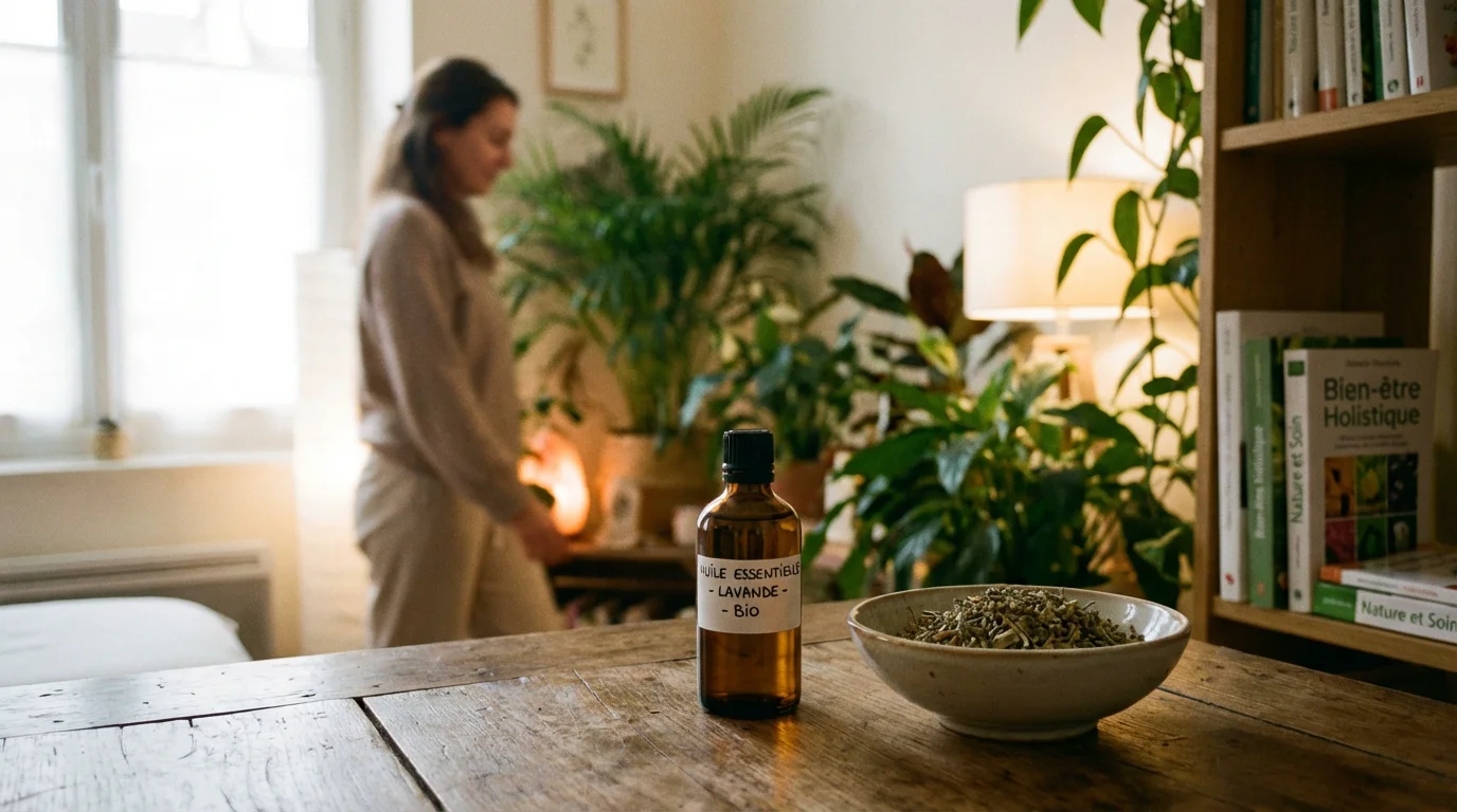 Cabinet de thérapeute holistique avec flacon d'huile essentielle sur une table en bois, ambiance sereine