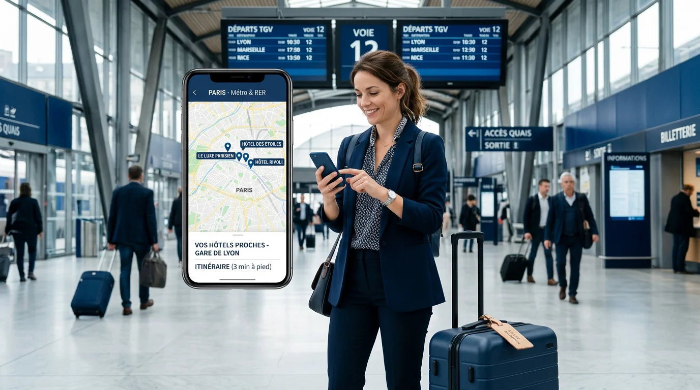 Voyageur européen consultant une carte d'hôtels proches sur son smartphone dans une gare
