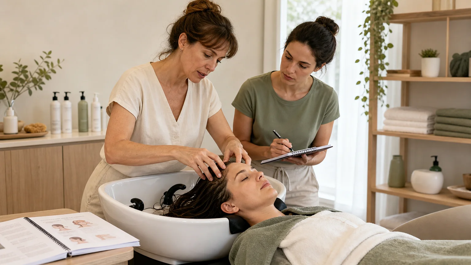 Formatrice corrigeant une technique de massage du cuir chevelu pendant une formation Head Spa