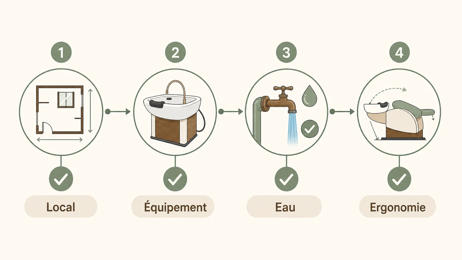 Checklist illustrée pour vérifier le matériel et l’installation d’un espace Head Spa