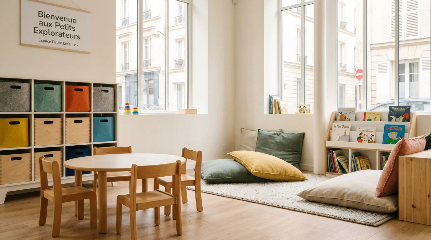 Espace d'accueil petite enfance aménagé avec du mobilier en bois adapté aux jeunes enfants