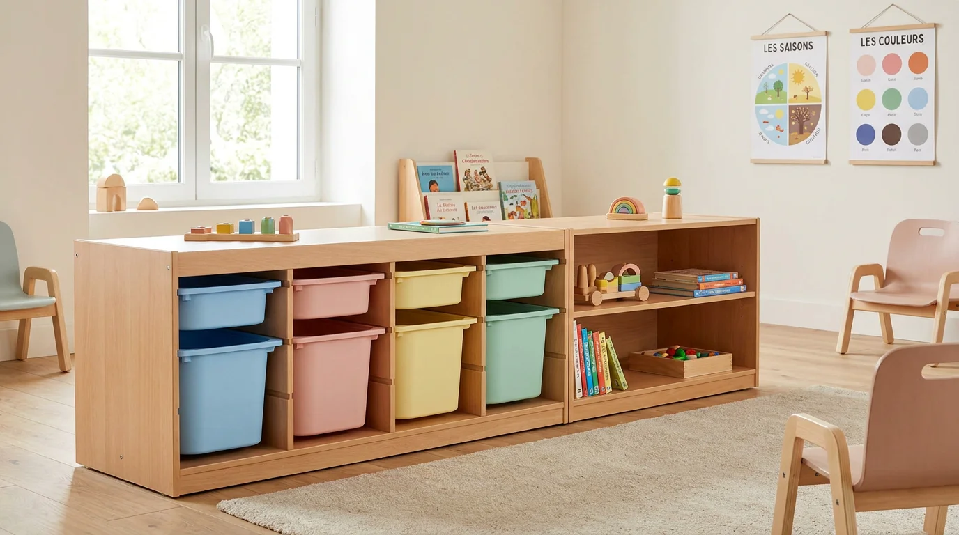Meuble de rangement avec bacs colorés pour espace d'accueil petite enfance