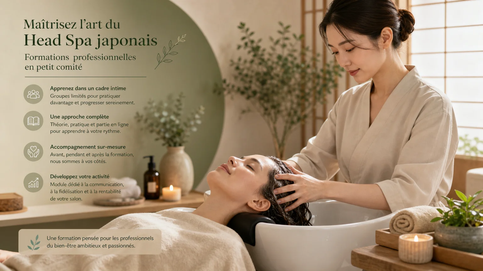 Praticienne réalisant un soin Head Spa relaxant dans un institut de beauté