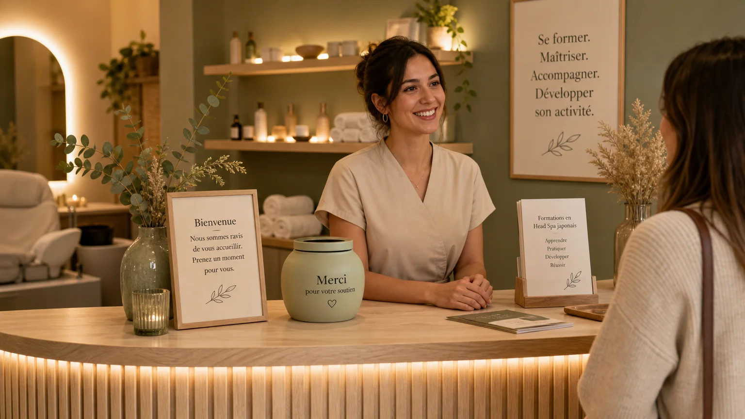 Comptoir d'accueil d'un institut de beauté avec une boîte à pourboires discrète