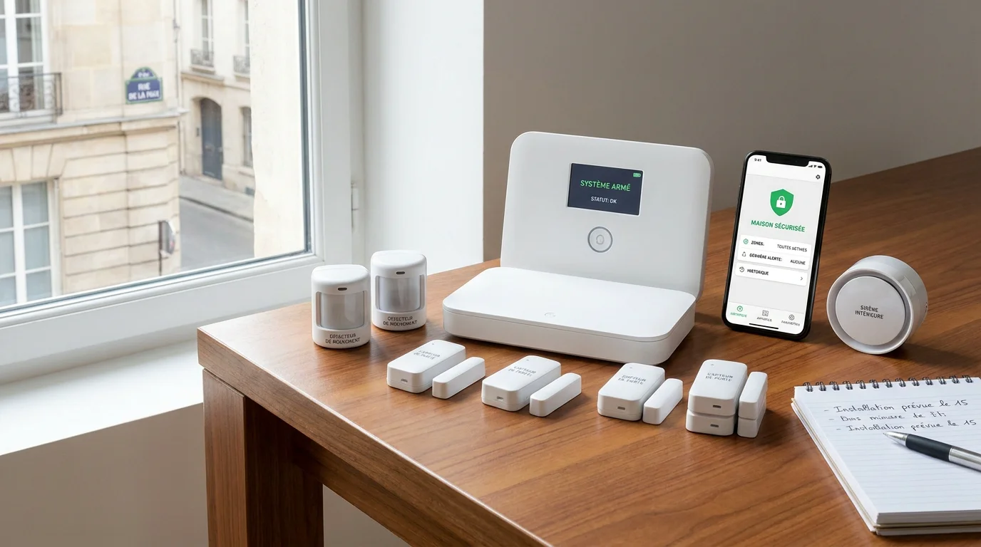Kit d'alarme sans fil posé sur un bureau avec centrale, détecteurs et smartphone affichant l'application de sécurité