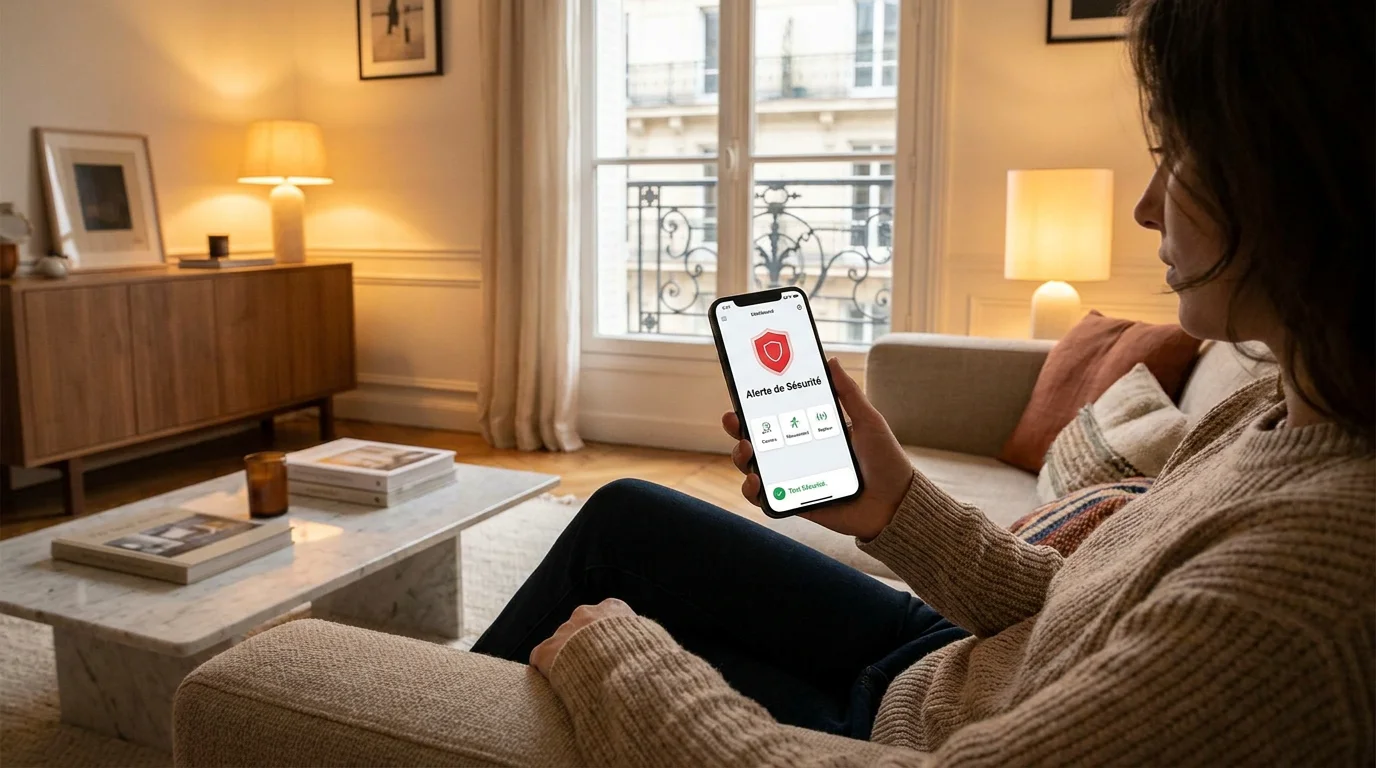 Personne consultant une notification d'alerte de sécurité sur son smartphone dans un salon moderne