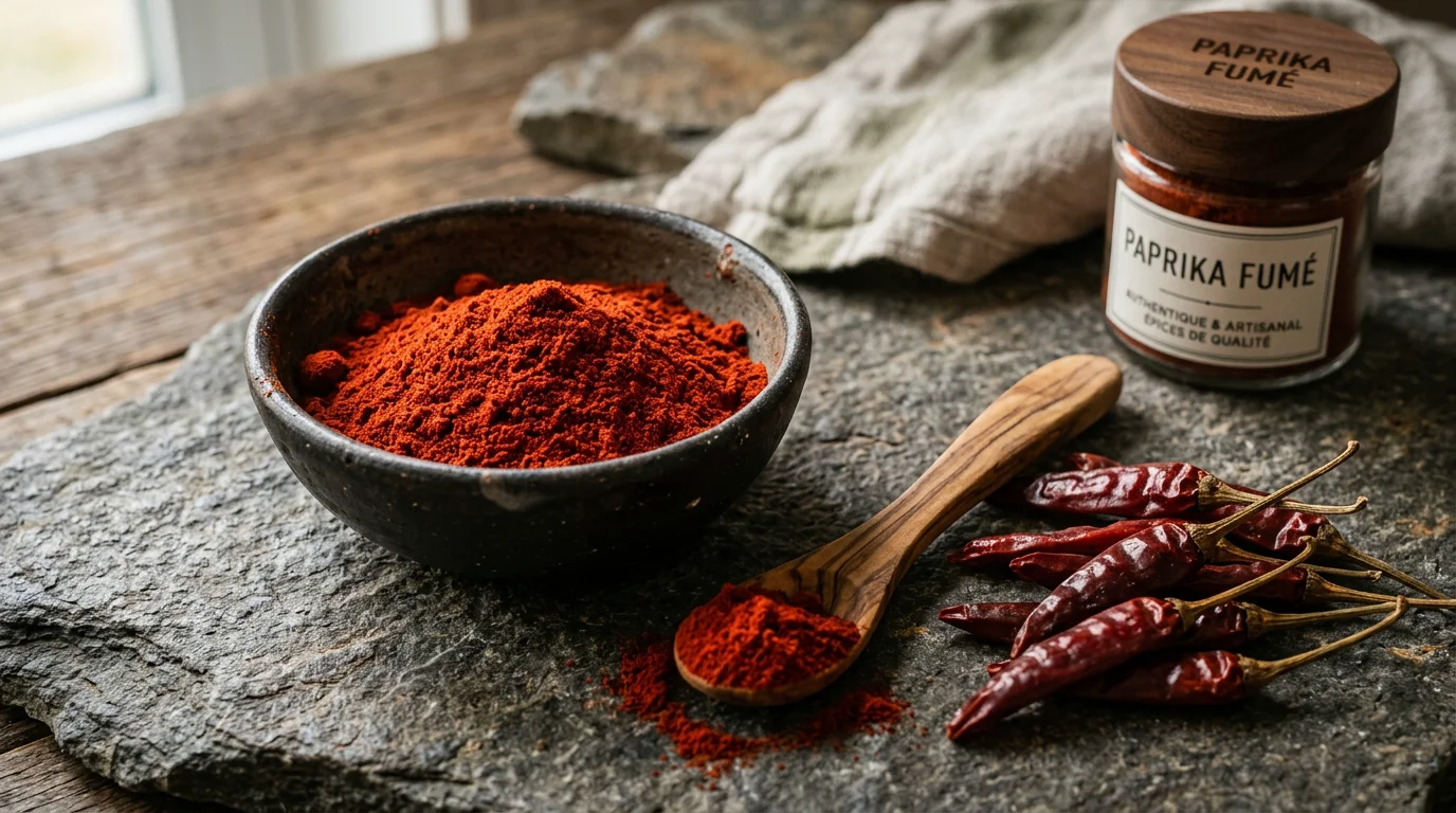 Poudre de paprika fumé rouge dans un bol avec des piments séchés