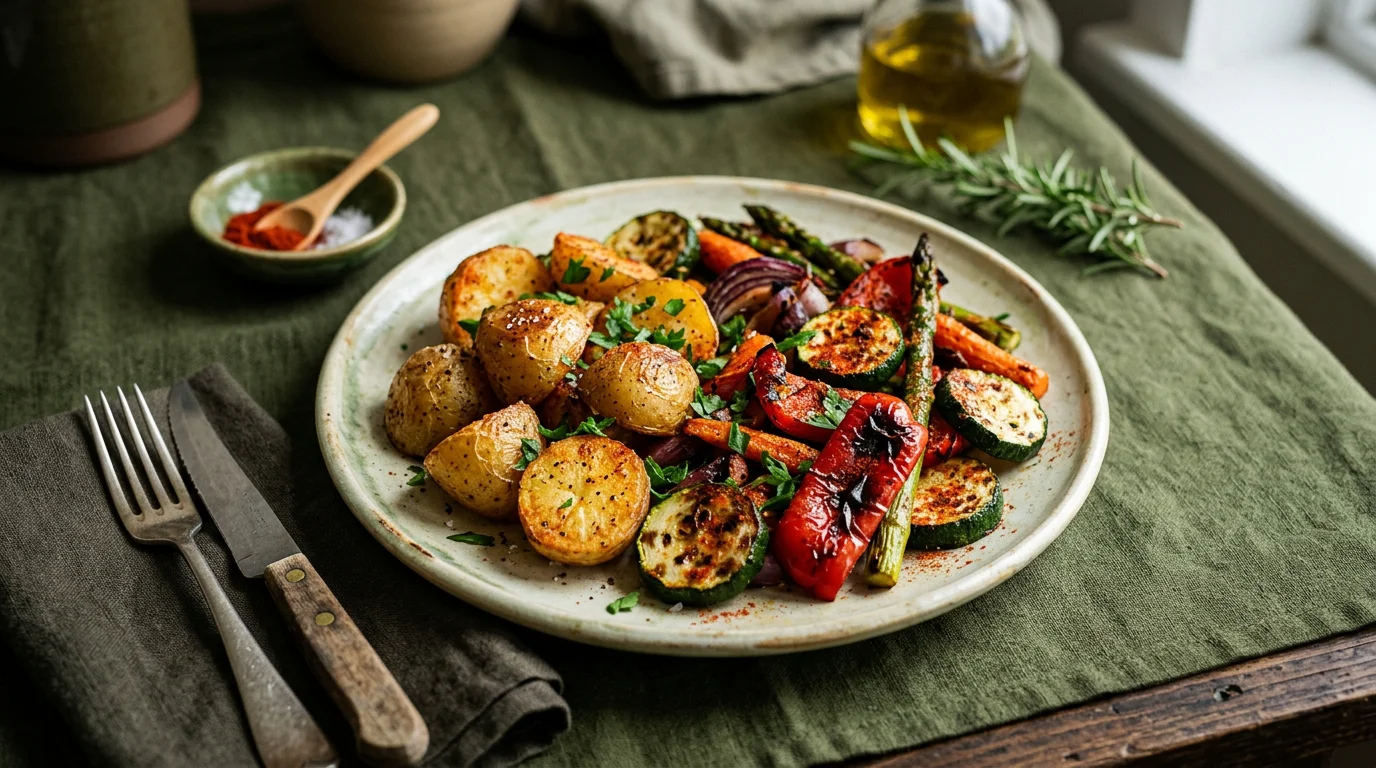 Pommes de terre rôties et légumes grillés saupoudrés de paprika fumé