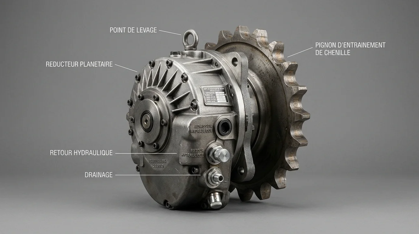 Réducteur de translation hydraulique pour mini pelle avec barbotin et carter