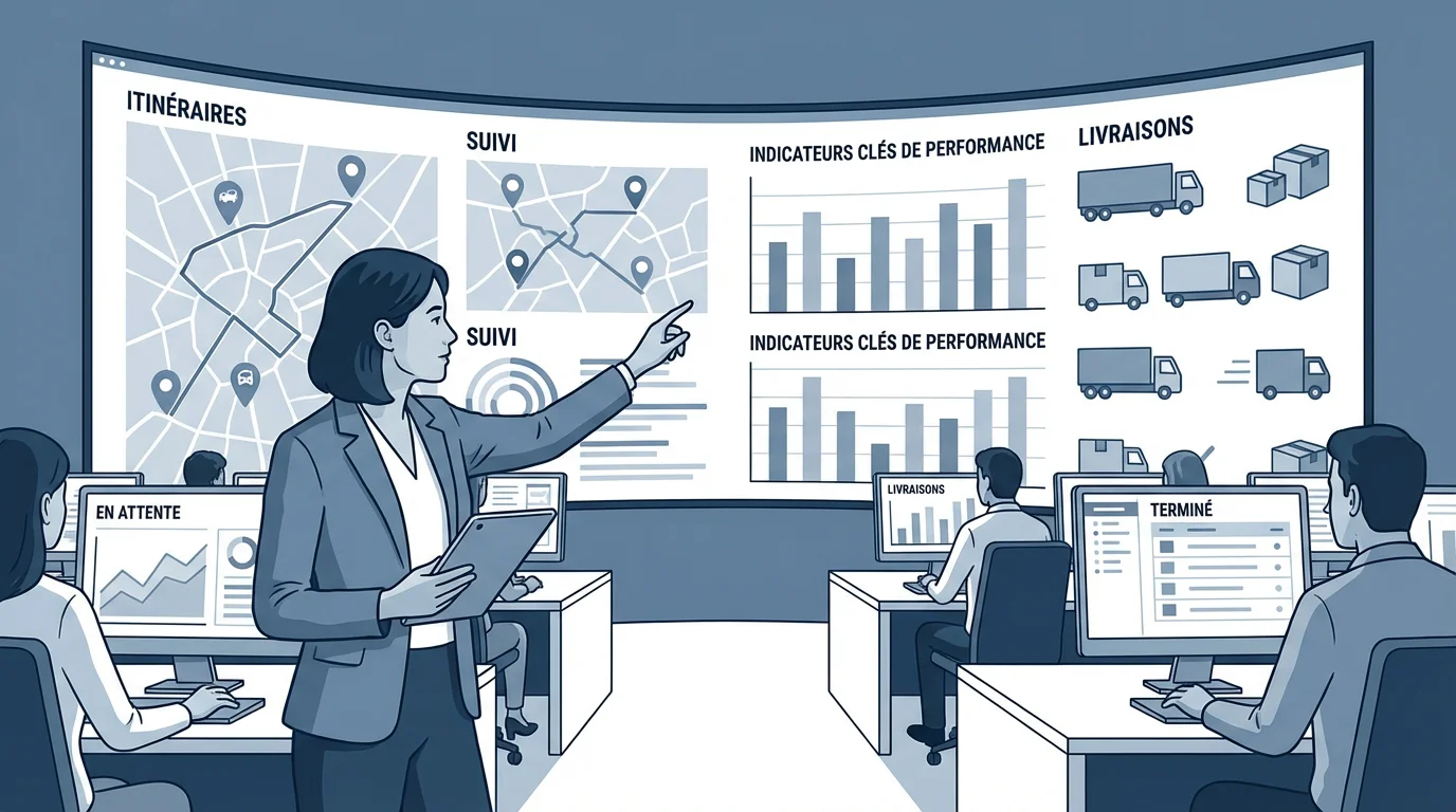 Tableau de bord d'un logiciel TMS transport affichant le suivi des tournées et les indicateurs de performance logistique
