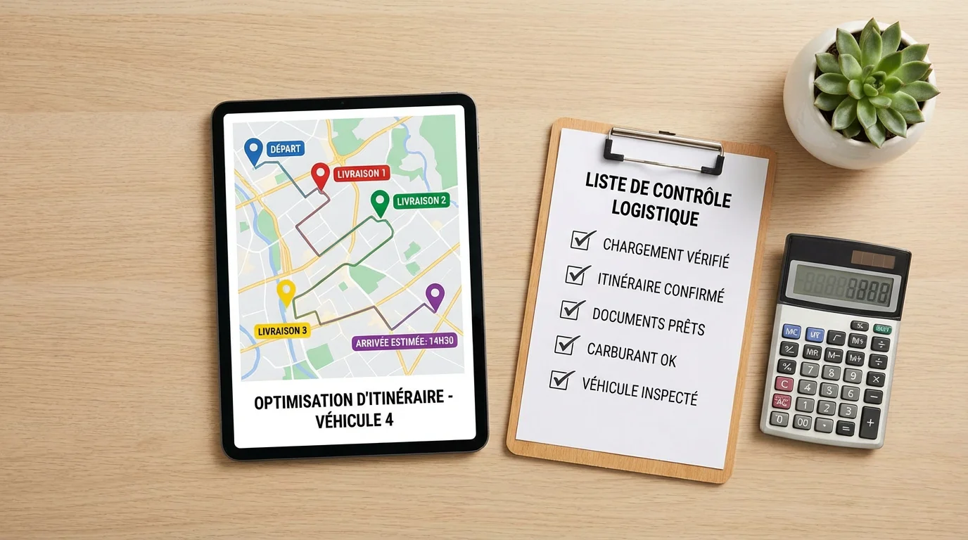 Tablette affichant une carte d'optimisation de tournées à côté d'outils de planification logistique
