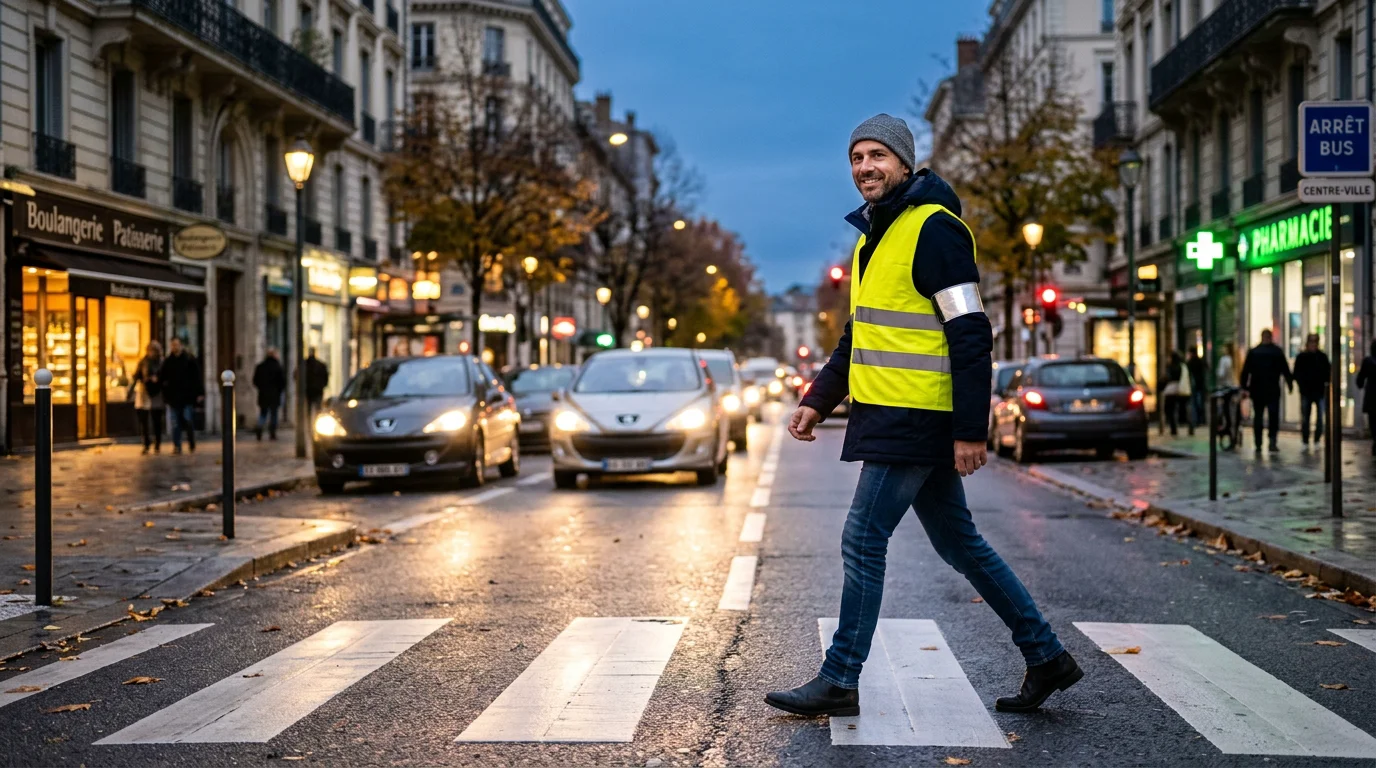 Piéton portant un brassard et un gilet réfléchissants dans une rue au crépuscule