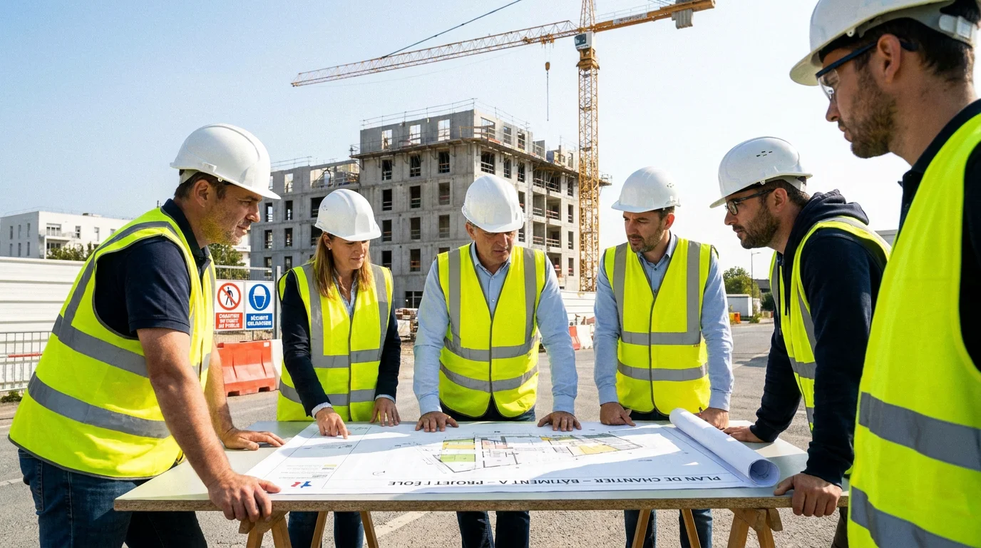 Équipe de travailleurs intérimaires du BTP étudiant un plan de chantier en France