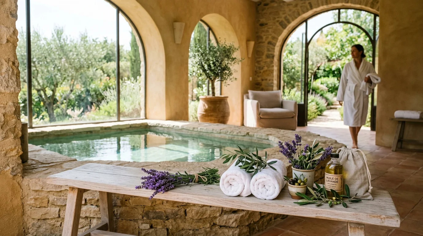 Espace spa provençal avec bassin en pierre et lavande dans le Luberon