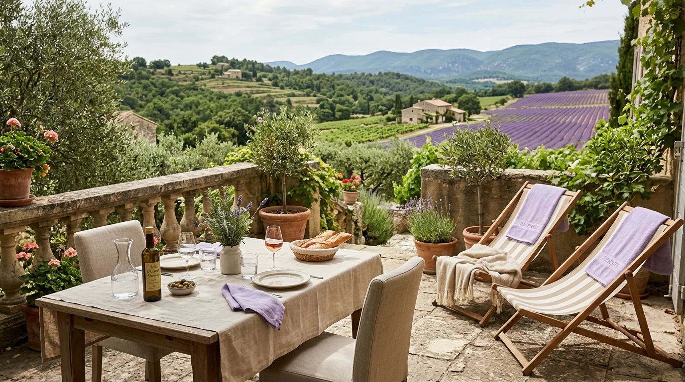 Terrasse provençale avec déjeuner et vue sur les collines du Luberon