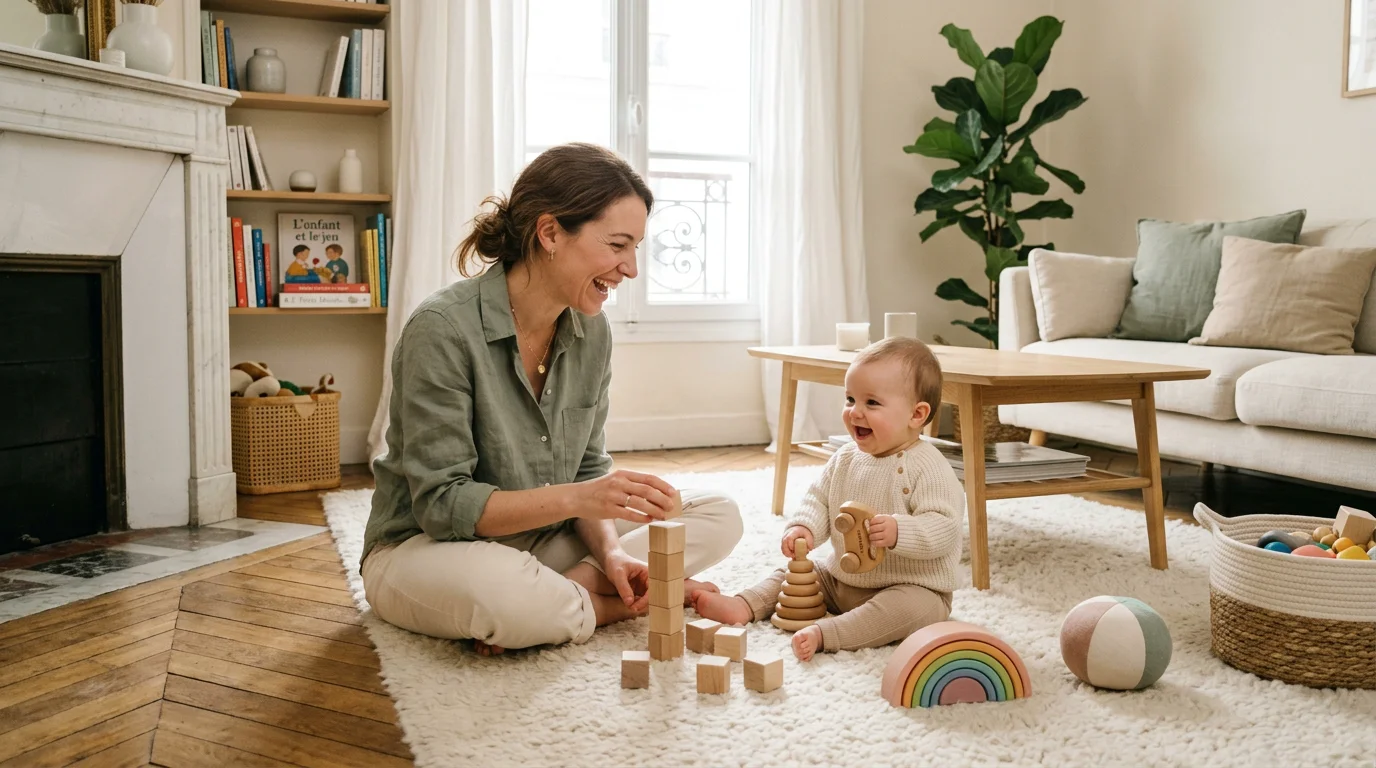 Parent jouant au sol avec son bébé le jour pour favoriser un bon sommeil