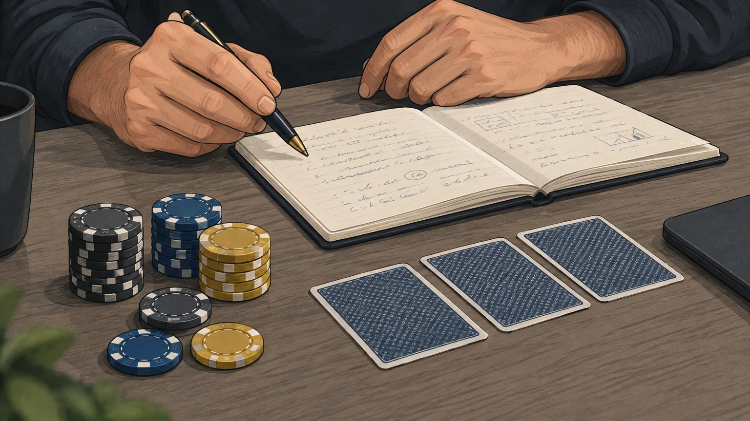 Mains d’un joueur étudiant une situation de poker avec des jetons et un carnet