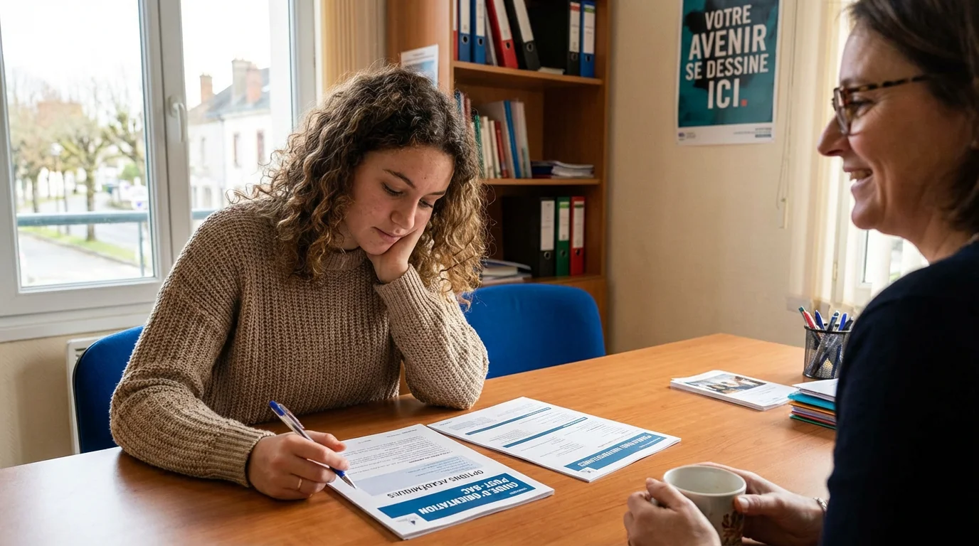 Élève réfléchissant à son orientation scolaire avec des documents sur un bureau