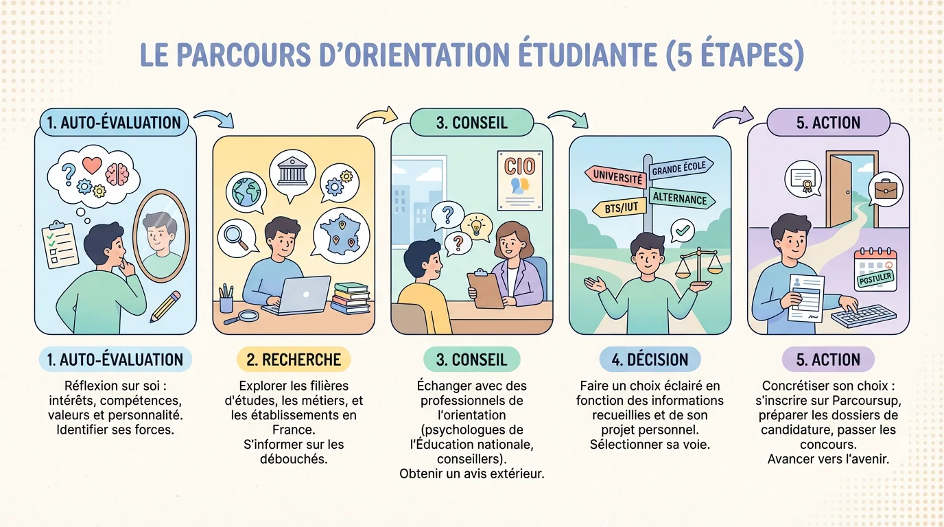 Infographie des cinq étapes clés du processus d'orientation scolaire