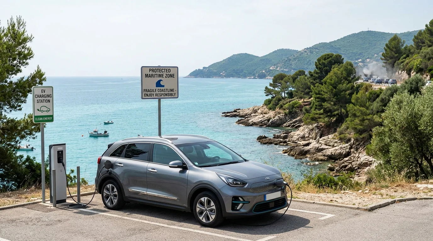 Grey electric SUV at a charging point above the Mediterranean coast near Nice