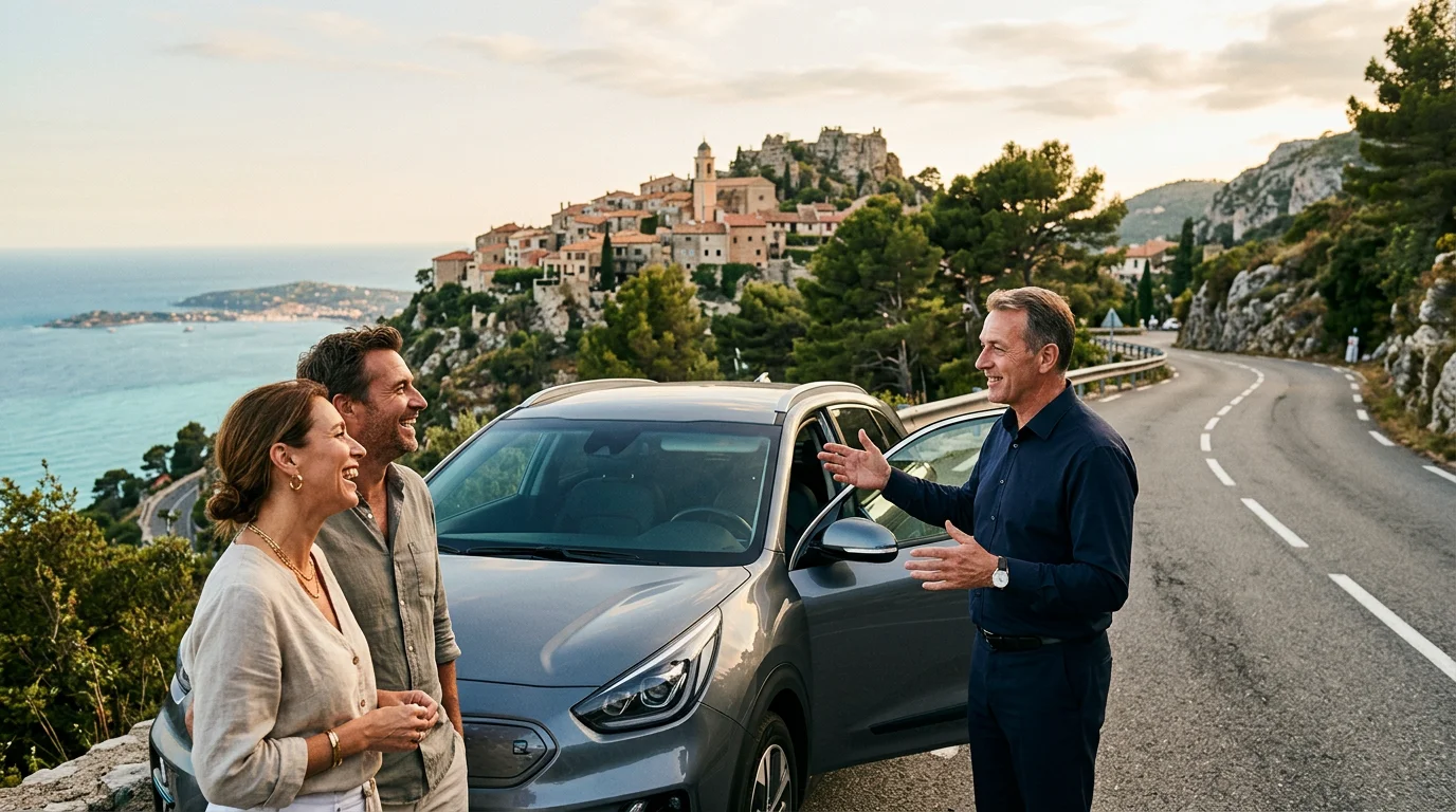 Chauffeur sharing local history with passengers beside a grey electric SUV on a Riviera corniche