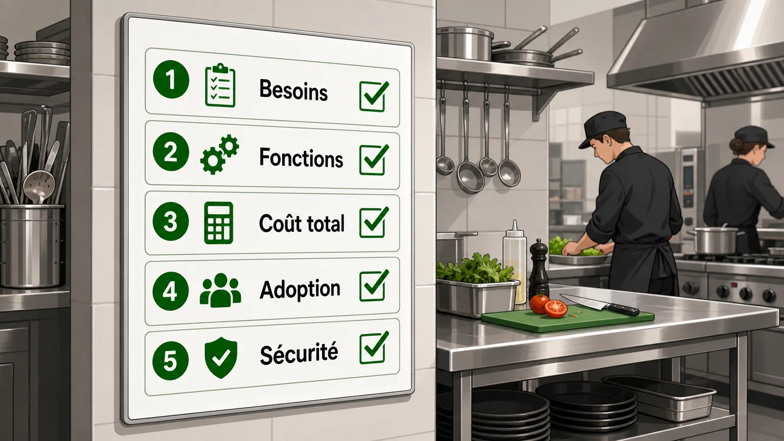 Checklist des critères de choix d’un logiciel métier affichée dans une cuisine professionnelle