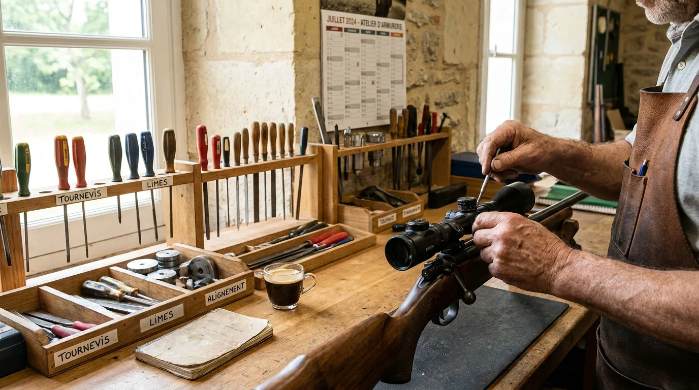 Armurier réglant une optique sur un banc d'atelier professionnel