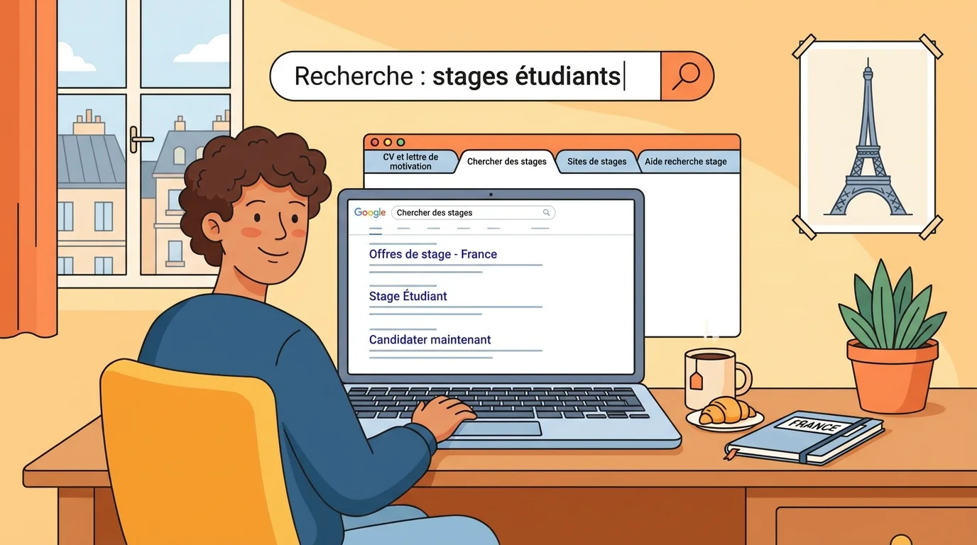 Étudiant recherchant des offres de stages sur différentes plateformes en ligne