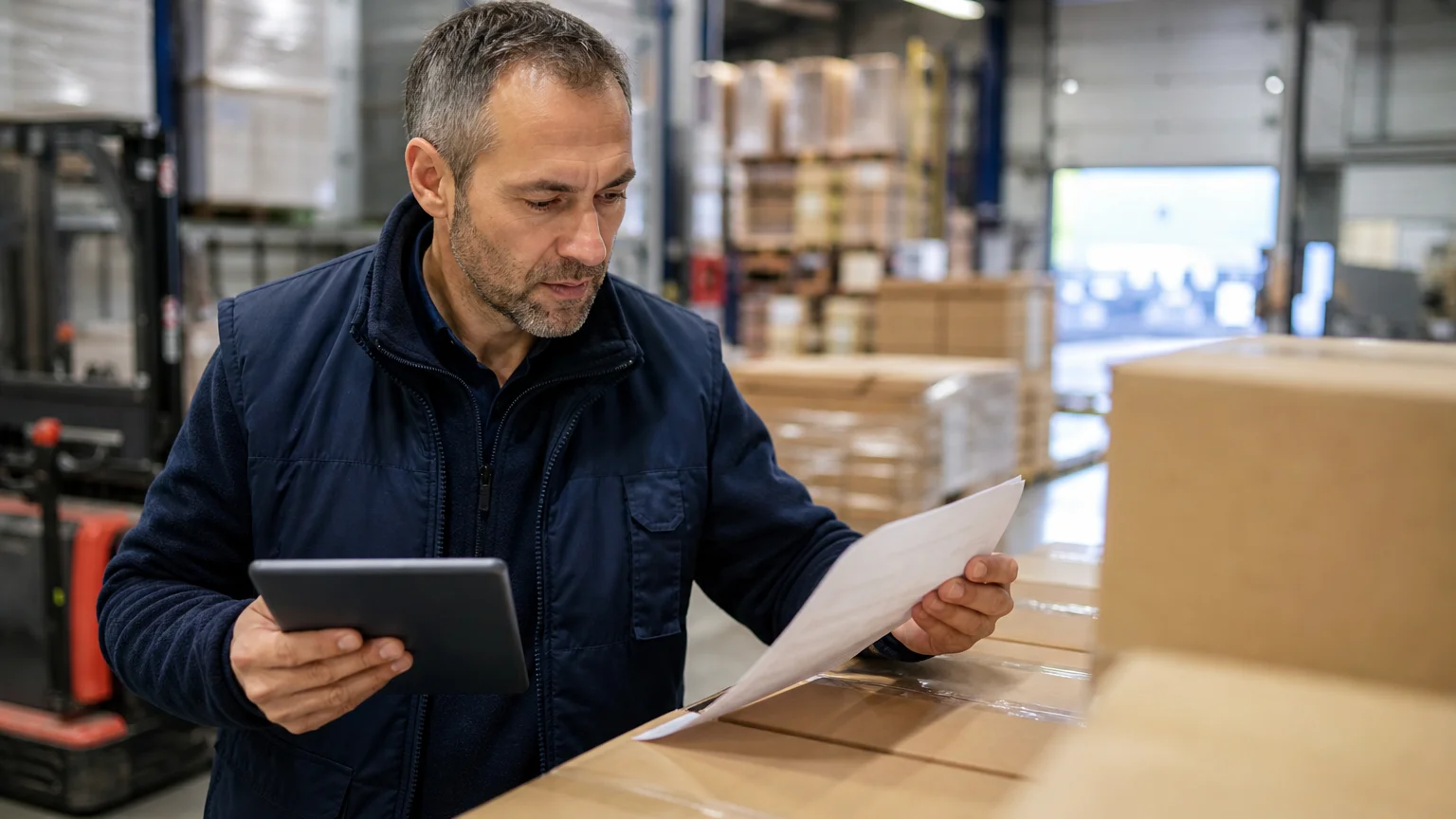 Responsable logistique vérifiant une facture près de colis professionnels