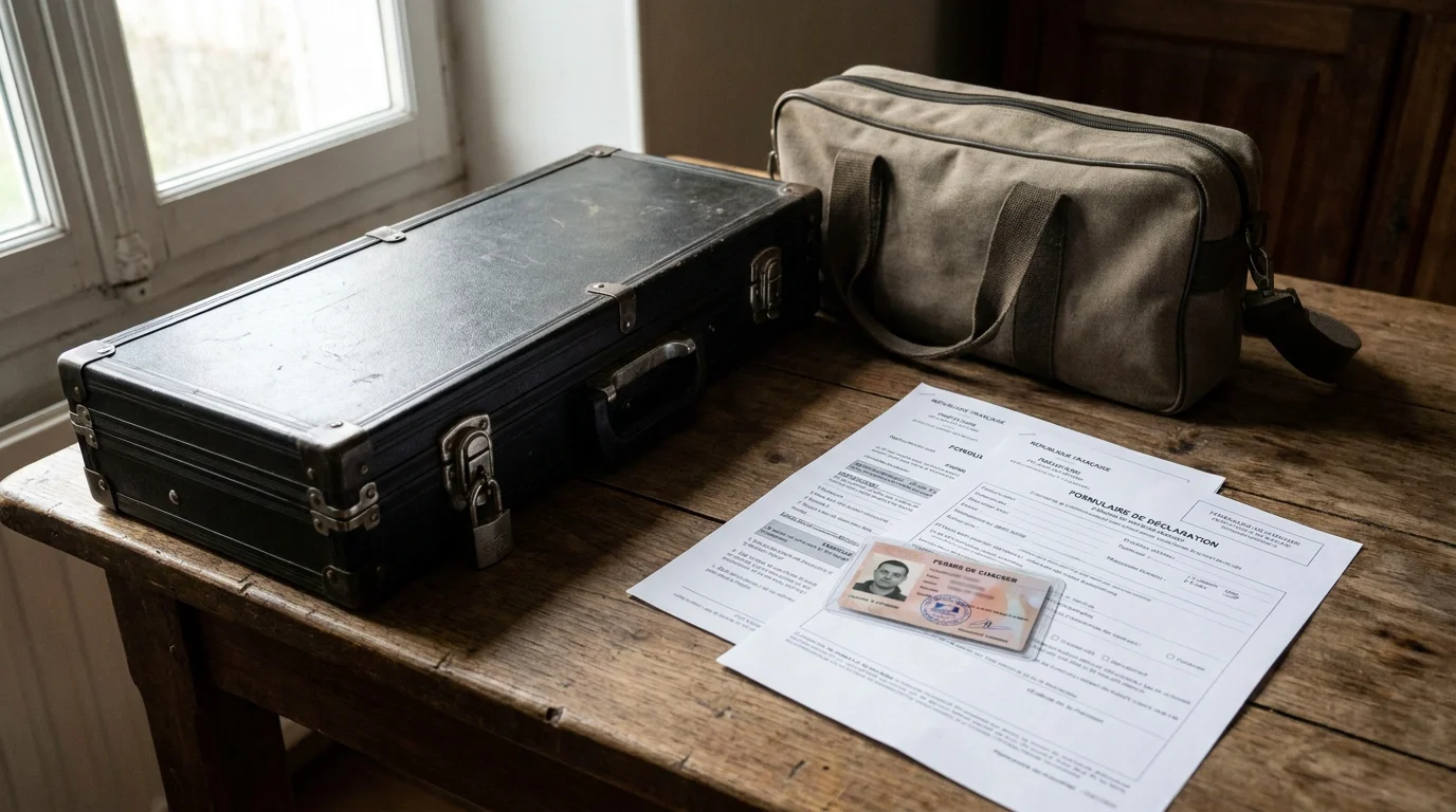 Étui de transport d'arme fermé à côté de documents administratifs français