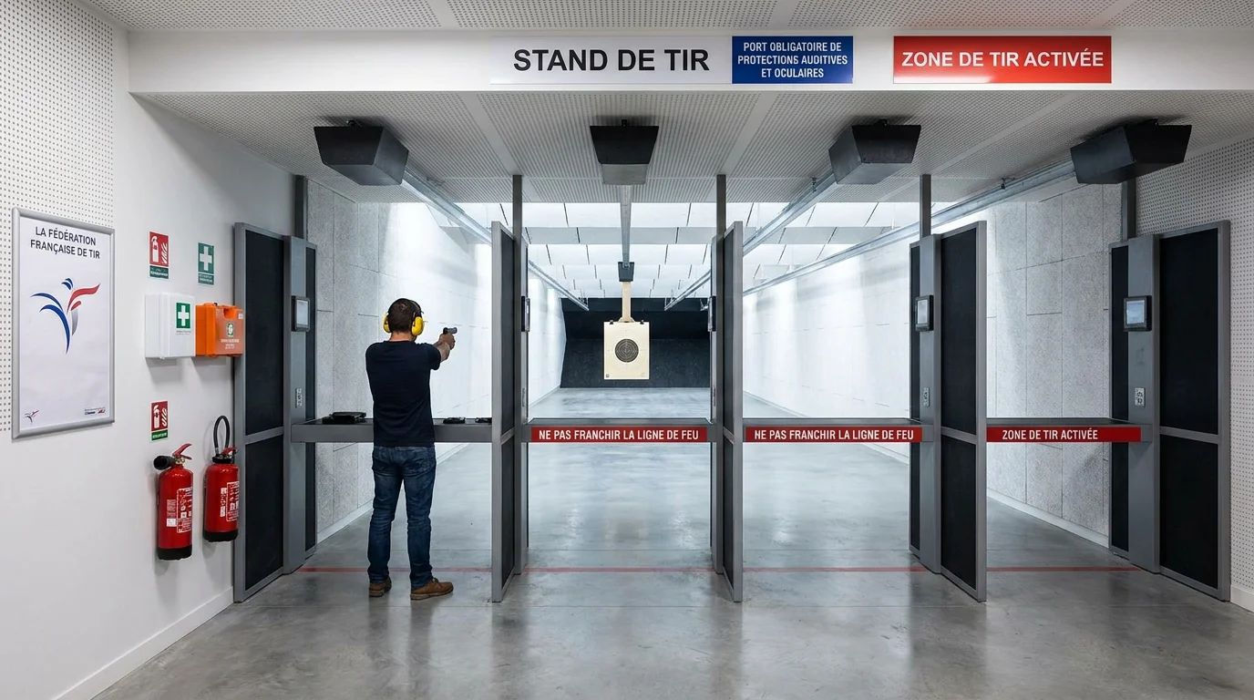 Tireur sportif en position de tir dans un stand de tir français