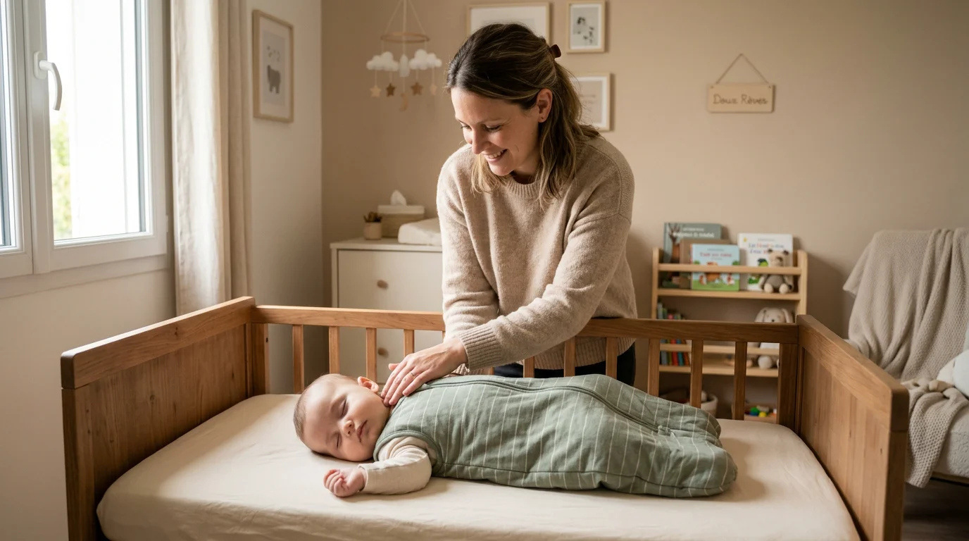 Un parent vérifie la nuque de son bébé endormi pour ajuster sa tenue de nuit