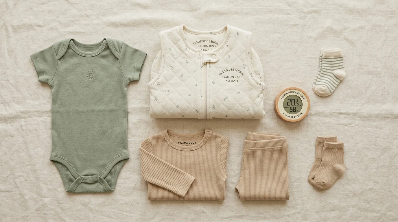Différentes tenues de nuit pour bébé disposées à plat avec un thermomètre de chambre