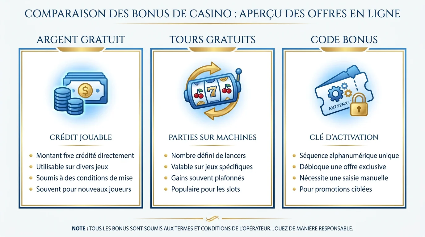 Comparatif visuel des types de bonus sans dépôt de casino en ligne