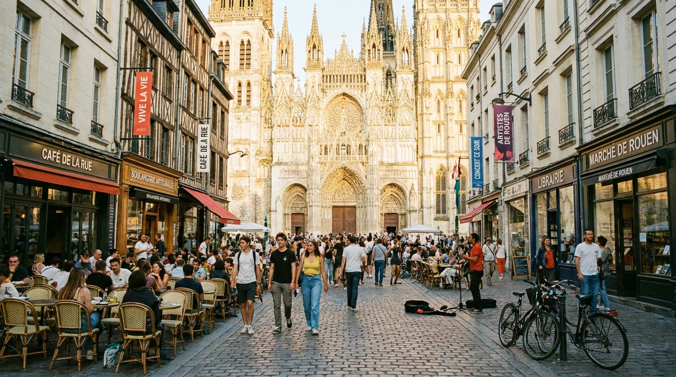 Vue d'une rue animée de Rouen avec la cathédrale en arrière-plan et des étudiants dans le centre-ville