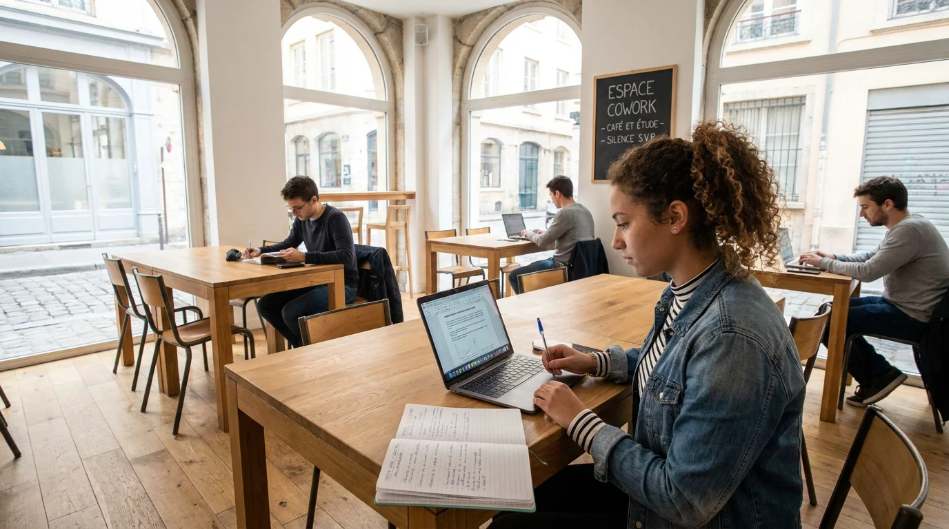 Étudiant consultant des offres d'emploi sur un ordinateur portable dans un espace de travail lumineux
