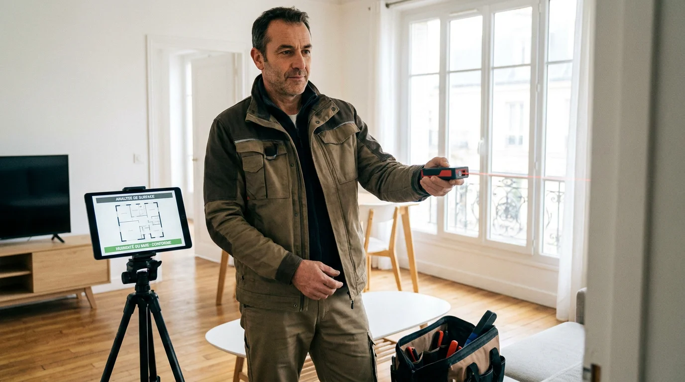 Diagnostiqueur immobilier réalisant un contrôle dans un appartement