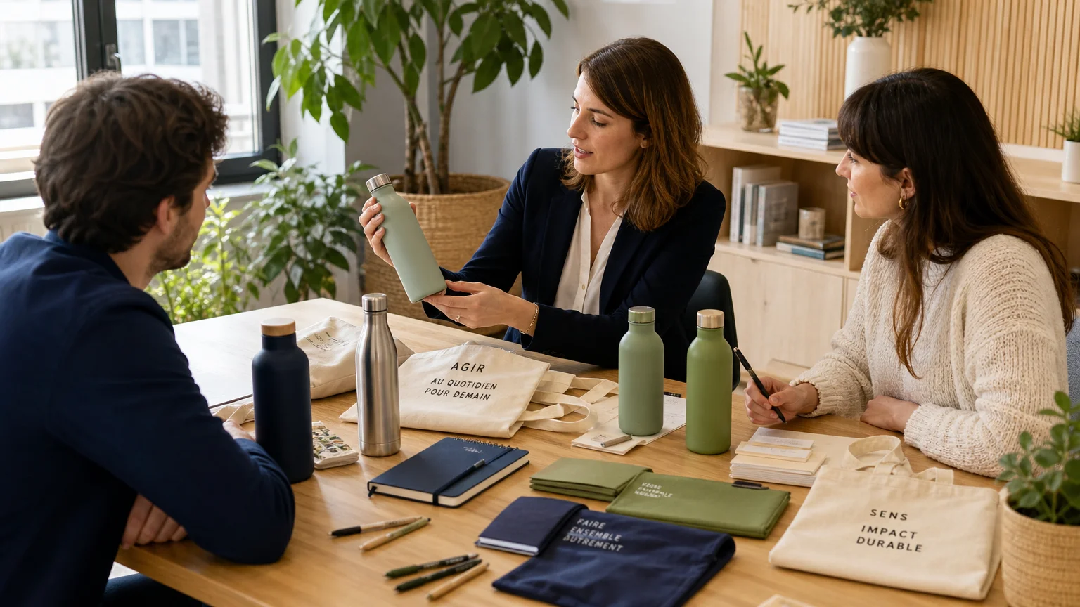 Équipe choisissant des goodies responsables pour une campagne B2B