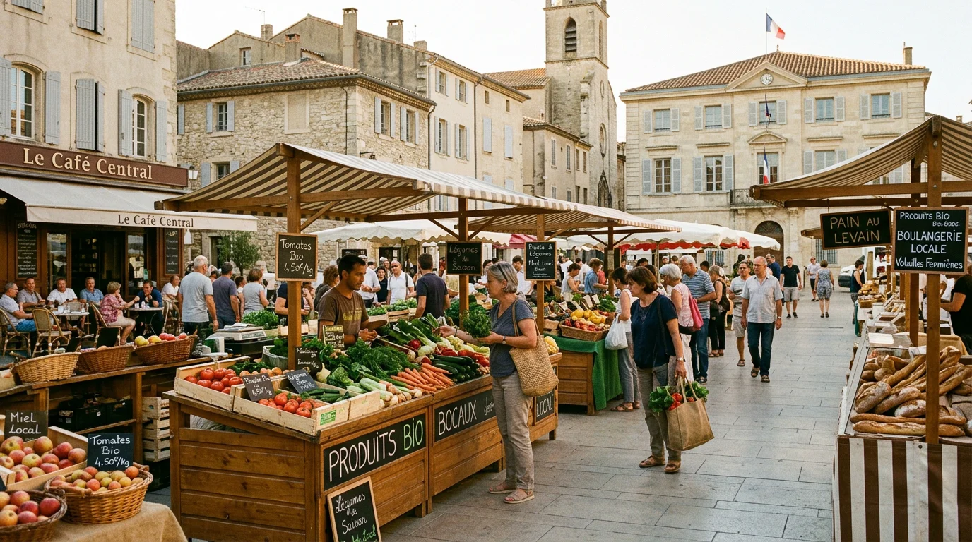 Marché bio en fin de journée sur une place de quartier à Angoulême